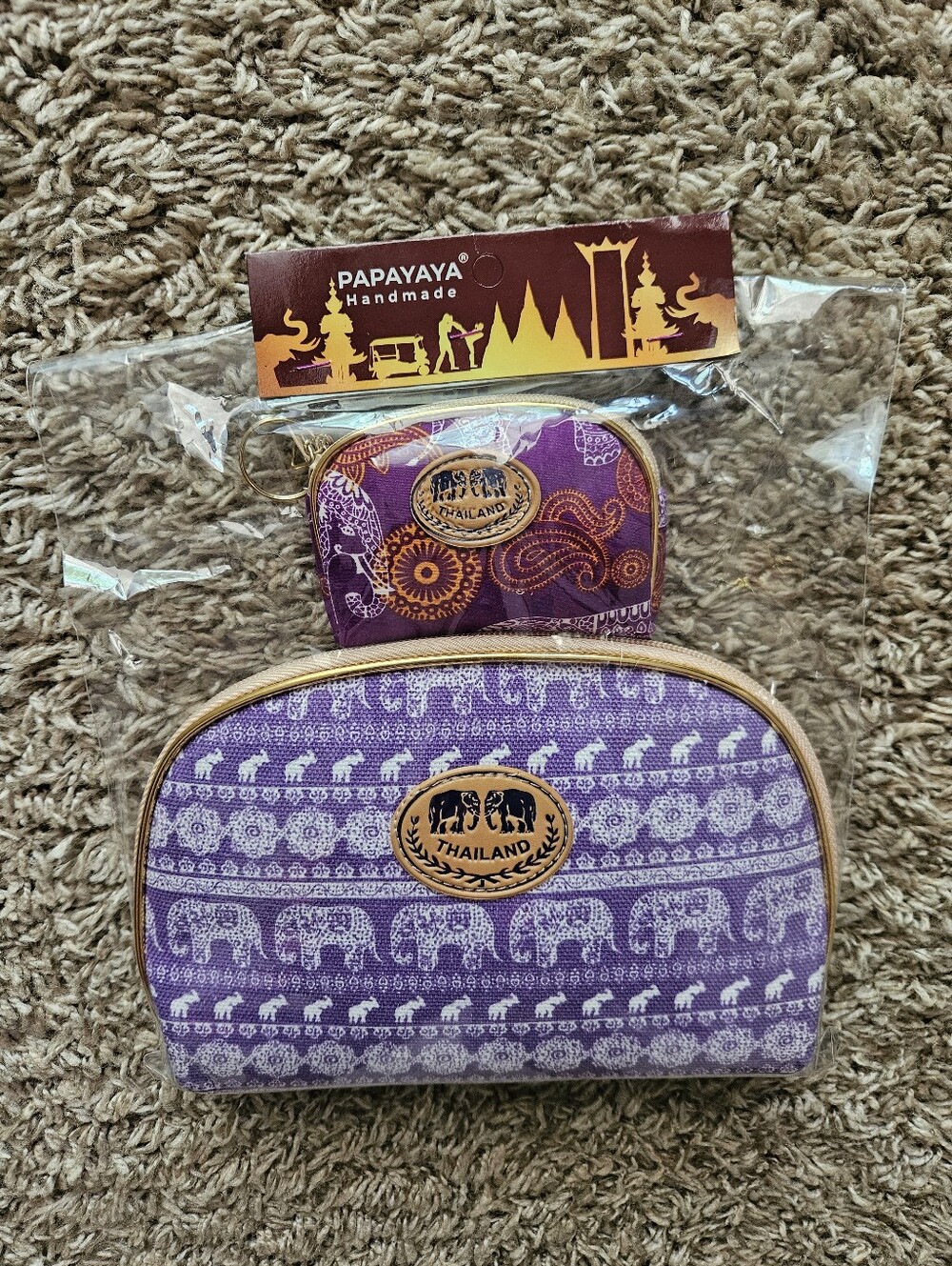 Papayaya Handmade Purple Thailand Elephant Cosmetic Bag 2 Piece Set
